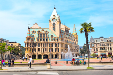 Batumi, Georgia - May 2, 2017: City panoramic landscape with Europe square nice house, fountain and people at summer Black sea resortのeditorial素材
