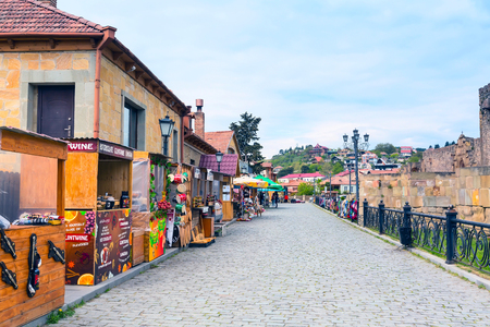 Mtskheta, Georgia - April 28, 2017: Street view with gift souvenir shops in old historical landmark townのeditorial素材