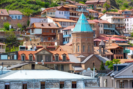 aerial view with houses with traditional wooden carving balconies of Old Town of Tbilisi, Republic of Georgiaの写真素材