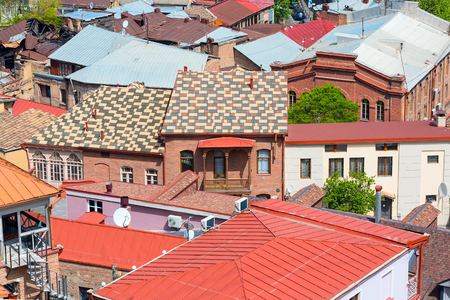 aerial view with houses with traditional wooden carving balconies of Old Town of Tbilisi, Republic of Georgiaの写真素材