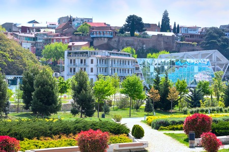 Tbilisi, Georgia - April 29, 2017: Aerial view with traditional and modern georgian houses in Old Town of Tbilisi, Georgiaのeditorial素材