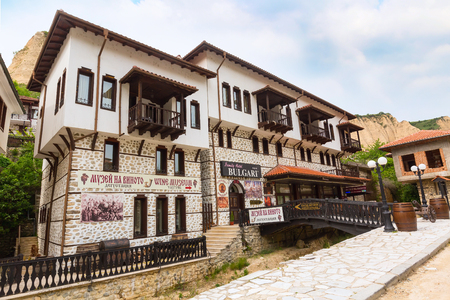 Melnik, Bulgaria - May 11, 2017: Street view with traditional bulgarian houses and wine museum in Melnik town, Bulgariaのeditorial素材