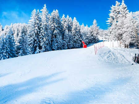 ski slopes in the mountains of Les Houches winter ski resort, French Alps, Chamonix, Franceのeditorial素材