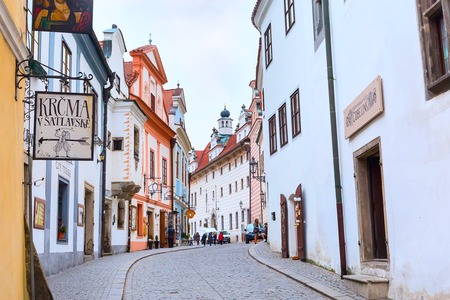 Cesky Krumlov, Czech Republic - February 26, 2017: Famous landmark, historic center street view of UNESCO World Heritage Site townのeditorial素材