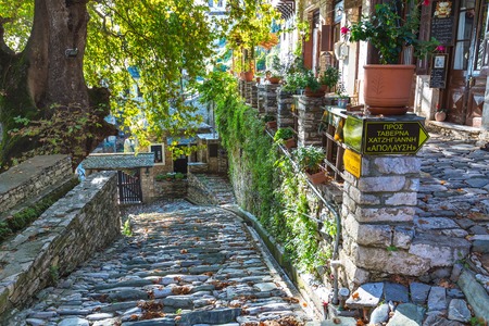 Makrinitsa, Greece - October 11, 2016: Street and cafe view at Makrinitsa village of Pelion, Greeceのeditorial素材
