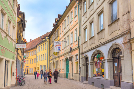 Bamberg, Germany - February 19, 2017: Bamberg city center street view with colorful houses and peopleのeditorial素材