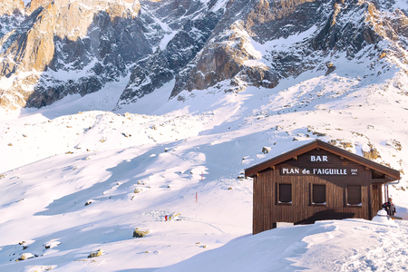 Chamonix, France - January 28, 2015: Bar at middle station of Cable Car Telepherique Aiguille du Midi and mountains panorama Chamonix, France.のeditorial素材