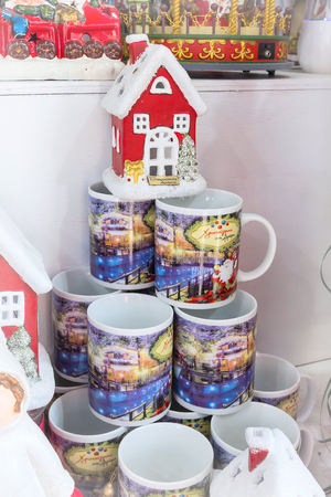 Greece, Drama - December 14, 2016: Greek European Christmas market stall with different giftsのeditorial素材