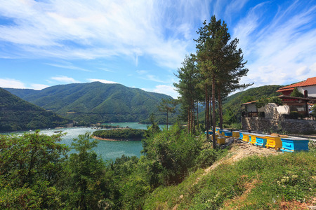 Mikhalkovo, Bulgaria - September 4, 2017: Pine trees, beehives at Vacha dam in Rhodopes mountains, Bulgariaのeditorial素材