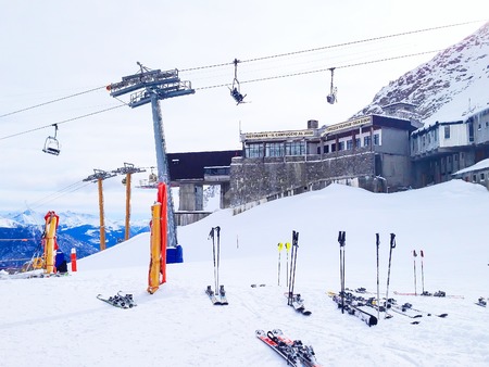 Courmayeur, Italy - January 27, 2015: Winter ski resort Courmayeur, Italian Alps. Mountains, restaurants, chair lifts and cable car stationのeditorial素材