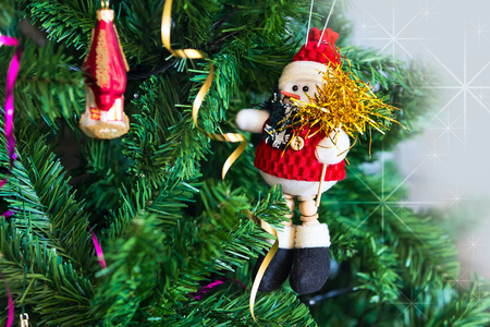 Christmas or New Year background with green christmas tree branch, decorations with copy spaceの写真素材