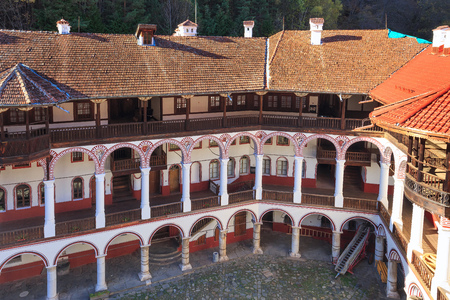 Rila monastery view with autumn mountain trees at background, Bulgariaの写真素材