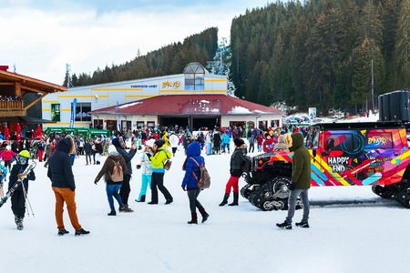 Bansko, Bulgaria - December 12, 2015: Bunderishka polyana, ski station, cable car lift and mountain...