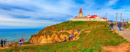 Cabo da Roca, Portugal - March 28, 2018: Lighthouse and Atlantic Ocean view, the most westerly point of European mainlandのeditorial素材