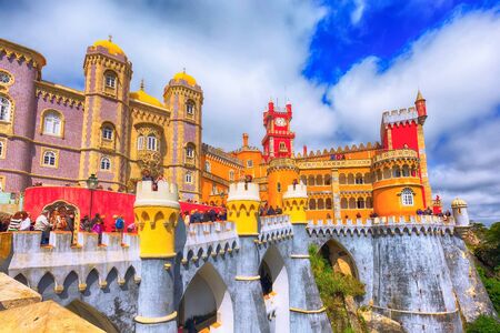 Sintra, Portugal - March 28, 2018: Famous portuguese landmark, Pena Palace or Palacio da Pena and peopleのeditorial素材