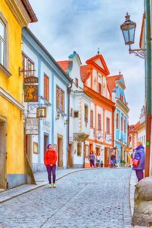 Cesky Krumlov, Czech Republic - February 26, 2017: Famous landmark, historic center street view of UNESCO World Heritage Site townのeditorial素材