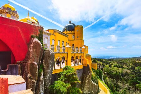 Sintra, Portugal - March 28, 2018: Famous portuguese landmark, Pena Palace or Palacio da Pena and peopleのeditorial素材