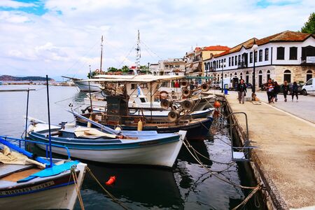 Thassos, Greece - May 5, 2018: Thasos port with boats and promenade viewのeditorial素材
