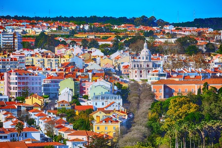 Lisbon, Portugal panoramic aerial view with colorful houses and cathedralの写真素材