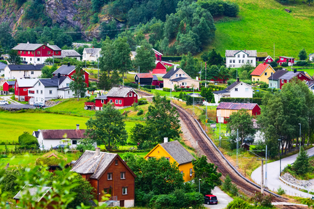 Norwegian fjord village landscape near Flam, Norway and Myrdal railway. Tourism vacation and travel backgroundの写真素材