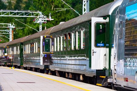 Flam, Norway - July 31, 2018: Flam to Myrdal train in Norwegian village near Sognefjord fjordのeditorial素材