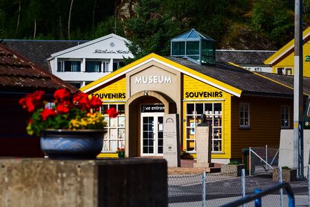 Flam, Norway - July 31, 2018: Norwegian village museum near Sognefjord fjord and Flam to Myrdal train railway stationのeditorial素材