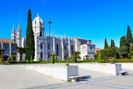 Lisbon, Portugal park and view to Jeronimos Monastery or Hieronymites Monastery, famous landmarkの写真素材
