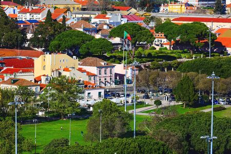 Lisbon, Portugal - March 27, 2018: City panoramic aerial view with colorful houses and parkのeditorial素材