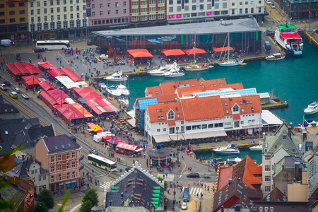 Bergen, Norway cityscape with downtown and fish market aerial viewの写真素材