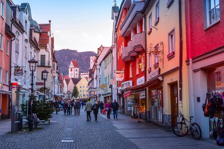 Fussen, Germany - December 27, 2016: Town street view at Christmas time, traditional bavarian houses and decorations, Bavariaのeditorial素材