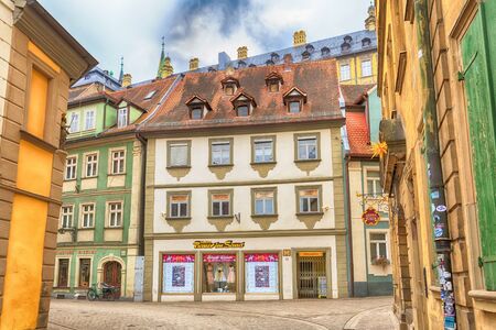 Bamberg, Germany - February 19, 2017: Bamberg city center street view with colorful german traditional housesのeditorial素材