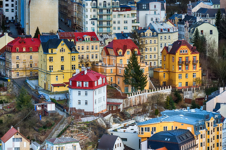 Karlovy Vary aerial panoramic famous spa town banner view, Czech Republicの写真素材