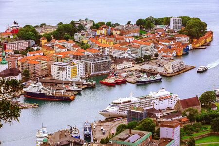 Bergen, Norway - July 30, 2018: Cityscape with colorful traditional houses and fjordのeditorial素材