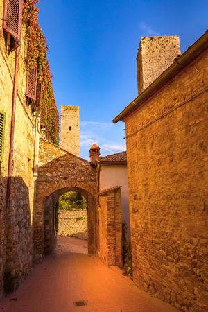 San Gimignano, Tuscany, Italy old medeival street in typical Tuscan town, popular tourist destinationの写真素材