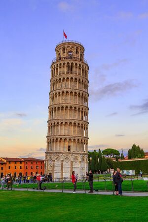 Pisa, Italy - October 25, 2018: Leaning Tower of Pisa, Italy against blue sunset sky and people aroundのeditorial素材