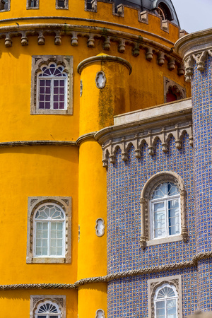 Sintra, Portugal landmark, window with azulejo in Pena Palace close-up detail viewのeditorial素材