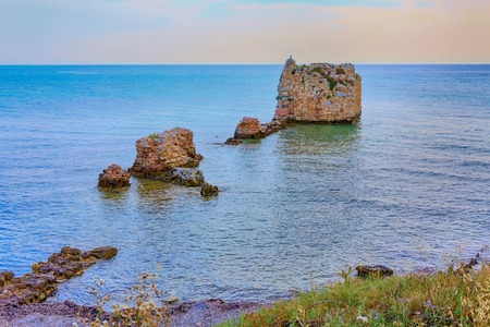 Sea bay and old ruins in Nea Potidea or Nea Poteidea in peninsula Kassandra, Halkidiki, Greeceの写真素材