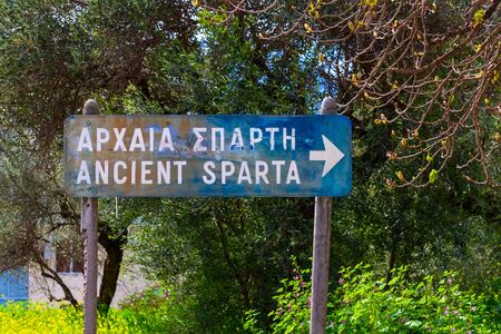 Sparta, Greece - March 29, 2019: Sign to Ancient Sparta site in Peloponneseのeditorial素材