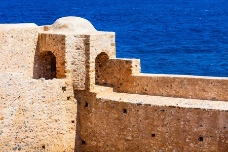 Monemvasia old wall in ancient town and blue sea view, Peloponnese, Greeceの写真素材