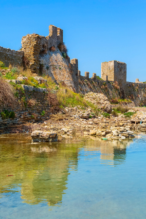 Reflection in water of castle of Methoni in Messinia, Peloponnese, Greeceのeditorial素材