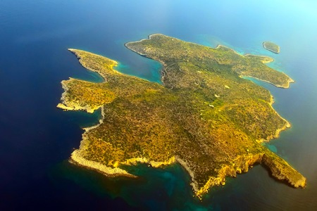 Aerial plane top view of greek island Fleves and saronic gulf near Athens, Greeceの写真素材