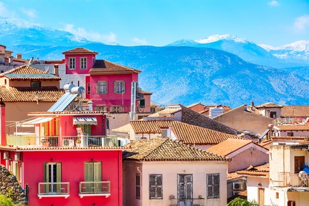 Nafplio or Nafplion, Greece, Peloponnese old town houses aerial panorama and snow mountainsの写真素材