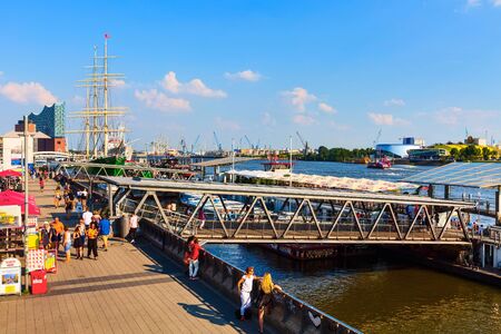 Hamburg, Germany - July 26, 2018: Old ship with restaurant on river Elbe, Hamburger Landungsbruecken harbor panoramaのeditorial素材