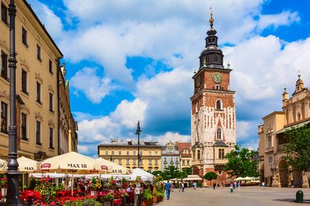 Krakow, Poland - June 18, 2019: The Cloth Hall and Town Hall Tower in the main market squareのeditorial素材