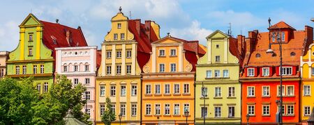 Wroclaw, Poland Old Town Salt Market Square panoramic banner with row of colorful houses
