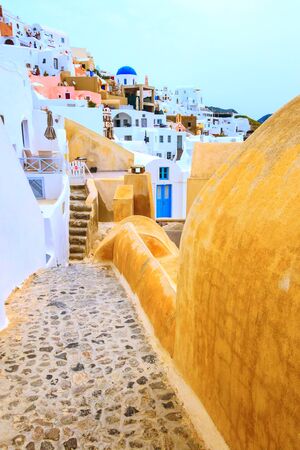 Santorini island, Greece, Oia village street view and colorful houses, no peopleの写真素材