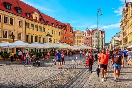 Wroclaw, Poland - June 21, 2019: View of Old town Rynek Market Square colorful houses, peopleのeditorial素材
