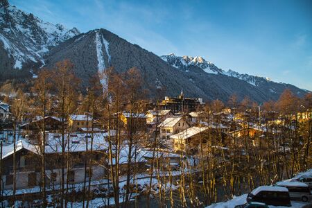 view of Southern part of town Chamonix, France before sunsetの写真素材