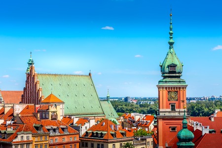 Warsaw, Poland colorful houses and towers in Castle Square in the Old Town of polish capital aerial viewのeditorial素材