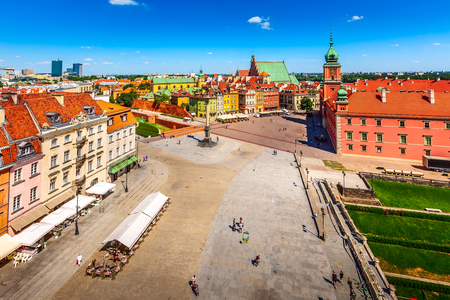 Warsaw, Poland -colorful houses in Castle Square in the Old Town of polish capital aerial viewのeditorial素材